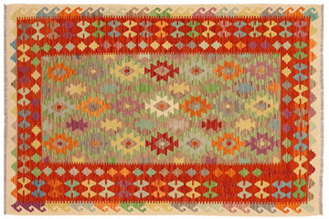 Flat Weave Kilim, Antique, Navaho, Vintage, Handmade, Geometric Kilim Blue Rust Hand-Woven Rectangle 100% Wool Area Rug 5 x 6